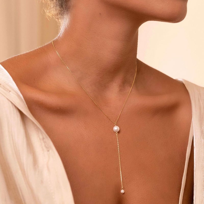 PRTGL Store Pearl Necklace: 14K Gold-Plated/White Gold-plated Pearl Necklace for Women 16.5” + 2” - Image 3